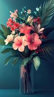 Vibrant bouquet of tropical flowers arranged in a clear vase against a teal background showcasing rich colors and lush greenery photo