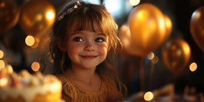 Smiling young girl in golden dress with balloons at celebration during evening gathering photo