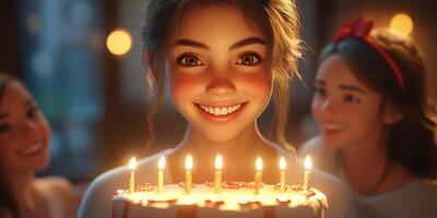 Friends celebrate a birthday with a joyful girl holding a cake adorned with lit candles photo
