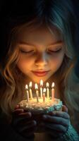 Girl gazes at birthday cake with candles during a nighttime celebration, capturing a moment of joy and wonder photo