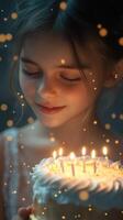 Child celebrating birthday with joyful smile and lit candles on cake in a warm dimly lit atmosphere photo