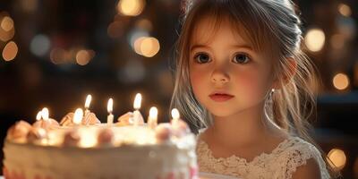 Young girl gazes at birthday cake with lit candles in a warm, softly lit celebration setting photo