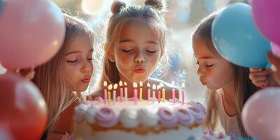 Three girls celebrating a birthday by blowing out candles on a decorated cake with balloons in a vibrant setting photo