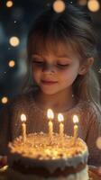 Young girl gazes at her birthday cake with candles glowing softly during a celebration in a cozy atmosphere photo