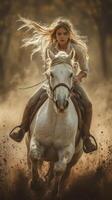 Young woman riding a white horse swiftly through a dusty forest path during golden hour photo