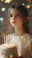 Girl celebrating a birthday with cake and candles in a warmly lit setting during a festive occasion photo