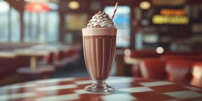 Decadent chocolate milkshake topped with whipped cream served in a diner setting during the daytime photo