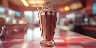 Delicious chocolate milkshake topped with whipped cream in a retro diner setting during the afternoon photo