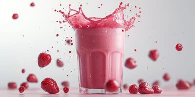 Refreshing raspberry smoothie splashes in clear glass surrounded by vibrant berries photo