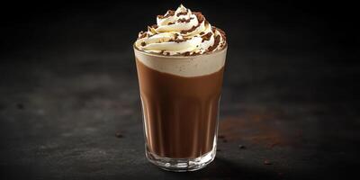 Delicious chocolate drink topped with whipped cream and chocolate shavings at a cozy cafe setting photo