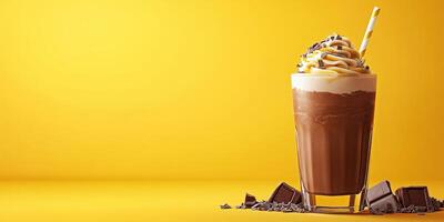 Delicious chocolate shake topped with cream and sprinkles on vibrant yellow background photo
