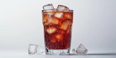 Refreshing drink served over ice in a clear glass against a simple background photo