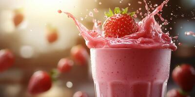 Delicious strawberry smoothie with splash effect in refreshing summer setting photo