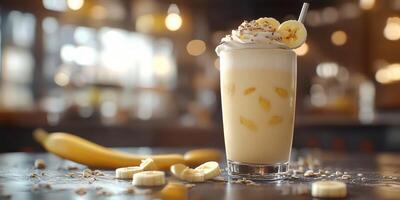 Refreshing banana smoothie topped with whipped cream and banana slices in a cozy cafe setting photo