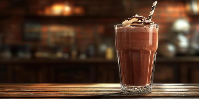 Delicious chocolate drink served in a tall glass with whipped cream and a straw in a cozy cafe setting photo