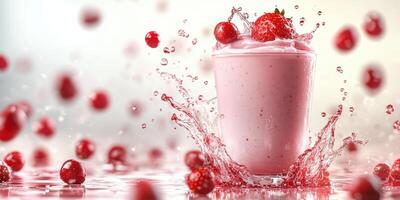 Refreshing strawberry smoothie splashes in vibrant stylized setting with fresh fruit on bright background photo