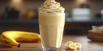 Delicious banana shake topped with whipped cream served in a clear glass on a kitchen counter photo