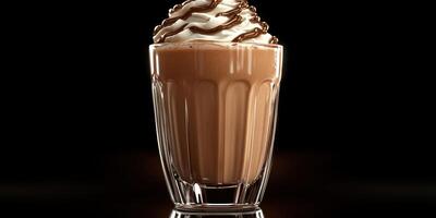 Delicious chocolate milkshake topped with whipped cream and chocolate drizzle served in a clear glass photo