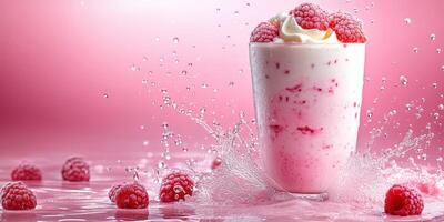 Refreshing raspberry dessert drink splashes in vibrant pink setting at a summer gathering photo