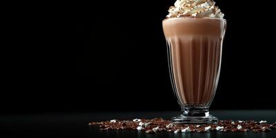 Rich chocolate beverage topped with whipped cream and chocolate shavings served in a tall glass on a dark background photo