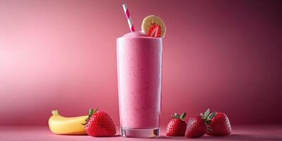 Fresh strawberry banana smoothie in a glass with colorful backdrop and fresh fruit on the side photo