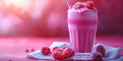 Refreshing raspberry smoothie served in a tall glass with fresh berries on a bright tabletop photo