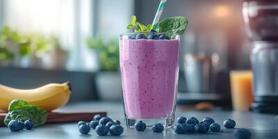 Smoothie preparation with fresh blueberries and spinach in a cozy kitchen setting during the morning hours photo
