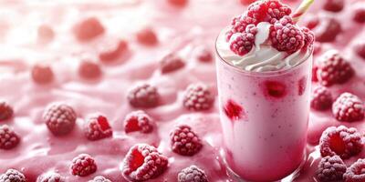 Refreshing raspberry smoothie served in a glass with whipped cream and berries on a pink table photo