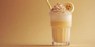 Creamy banana shake with whipped topping, presented on a warm-toned background photo