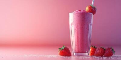 Refreshing strawberry smoothie in a tall glass garnished with fresh strawberries on a pink backdrop during a sunny day photo