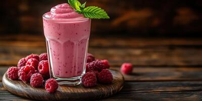 Refreshing raspberry smoothie served in a clear glass on a wooden table with fresh raspberries and a sprig of mint photo
