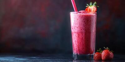 Refreshing strawberry smoothie served in a tall glass with a straw and fresh berries on the side photo