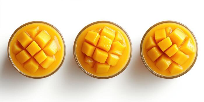 Fresh mango dessert served in clear bowls with diced fruit on top in a simple white setting photo