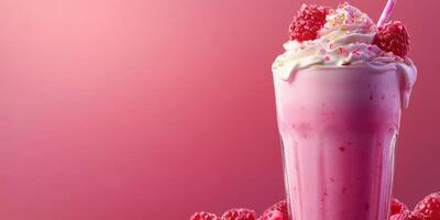 Refreshing raspberry milkshake topped with whipped cream and fresh berries photo