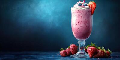 Colorful fruit smoothie served in a tall glass with fresh strawberries and blueberries on a blue background photo