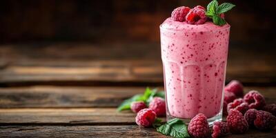 Refreshing raspberry smoothie served in a glass with fresh ingredients on a rustic wooden table photo