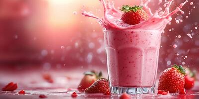 Delicious strawberry smoothie splashes out of a glass with fresh strawberries around photo