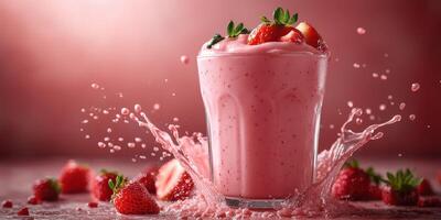 Refreshing strawberry smoothie with fresh strawberries splashing in pink backdrop photo