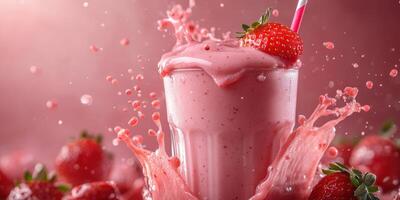 Strawberry milkshake splashes high with fresh strawberries on a pink background during a warm, sunny afternoon photo
