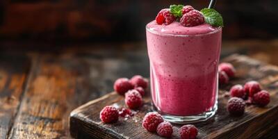 Refreshing raspberry smoothie served in a glass with fresh berries on a wooden surface photo