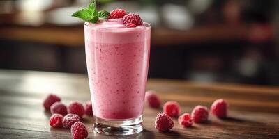 Delicious raspberry smoothie served in a tall glass with fresh mint garnish and surrounded by raspberries on a wooden table photo