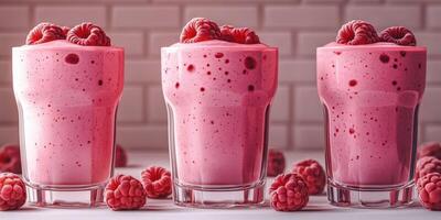 Refreshing raspberry smoothies served in clear glasses with fresh berries on a light background photo