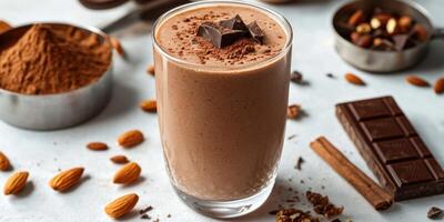 Creamy chocolate smoothie with cocoa powder, nuts, and chocolate pieces on a light background photo