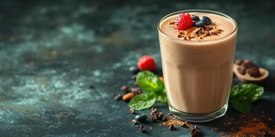 Delicious chocolate smoothie with fresh fruits and mint leaves on a rustic surface photo