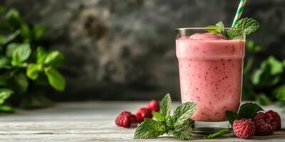 Refreshing raspberry smoothie garnished with mint leaves, perfect for summer days and healthy snacks at home photo