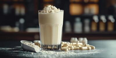 Creamy protein shake topped with powder and surrounded by nutritional supplements in a dimly lit setting photo