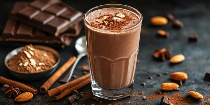 Delicious chocolate smoothie made with almond and sprinkled with cocoa sits on a dark rustic surface surrounded by ingredients photo
