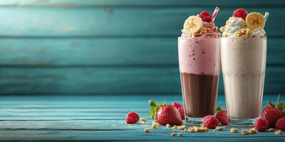 Delicious milkshakes topped with fruits and cereal set against a wooden backdrop photo