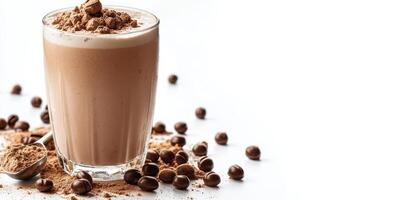 Creamy chocolate shake topped with cocoa and coffee beans on a bright background photo