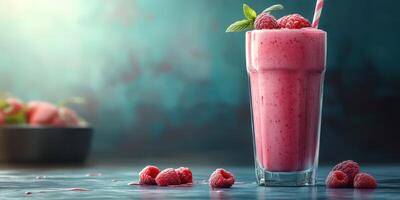 Refreshing raspberry smoothie served in a tall glass garnished with mint leaves and raspberries on a blue background photo